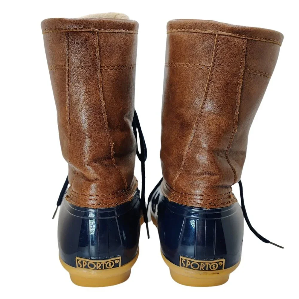 Sporto Dakota Duck Boots Brown Navy Faux Fur Lined Waterproof Size 6M - Picture 4 of 7